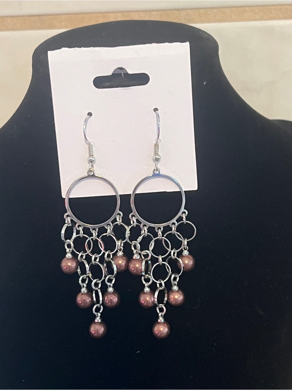 Paparazzi Silver Hoop Chandelier Earrings with Mauve Bead Drops